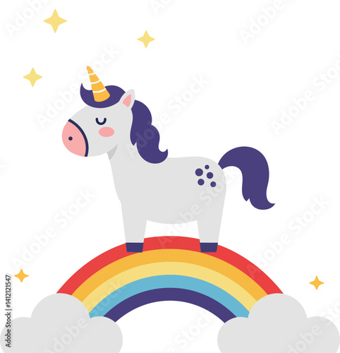 Cute white unicorn with purple mane standing on colorful rainbow between clouds flat design vector illustration