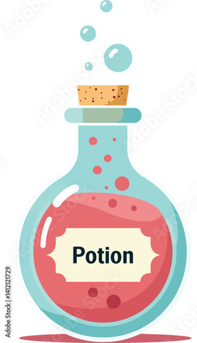 Round glass bottle with red bubbling potion cork stopper flat design vector illustration