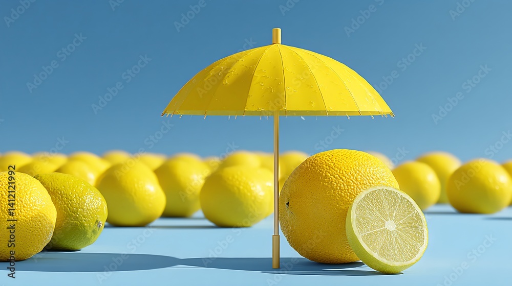 Yellow umbrella over lemons
