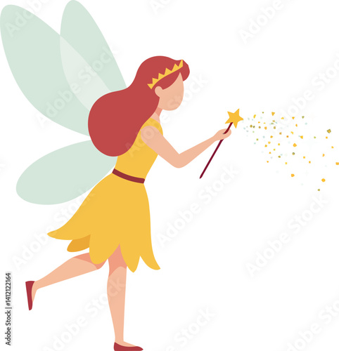 Fairy with red hair and yellow dress casting magic with wand flat minimal vector illustration