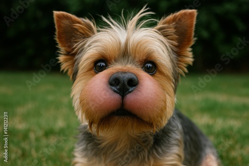 Adorable Small Dog With Fluffy Ears Sitting on Green Grass in a Backyard Sett...