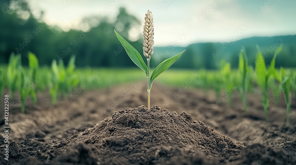 Young corn plant emerging from soil