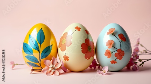 Decorative Easter Eggs with Floral Motifs and Soft Pastels in a Serene Spring Still Life