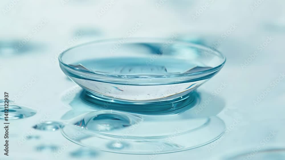 Transparent contact lens resting in a small water puddle, showcasing its precision design and clear material in a detailed macro shot Transparent contact lens resting in a small water puddle, showcasing its precision design and clear material in a detailed macro shot