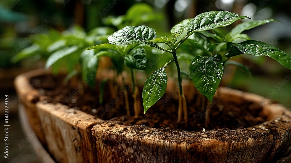 Young pepper plants in a wooden planter