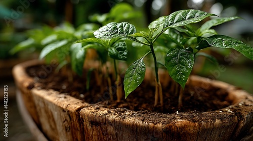 Obraz na płótnie Young pepper plants in a wooden planter w salonie