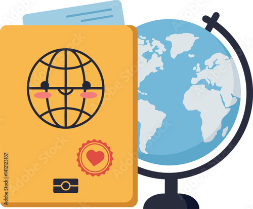 Cute smiling passport with globe illustration flat design travel concept vector art
