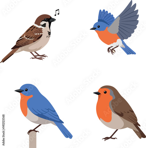 Colorful small songbirds perched and flying in flat style detailed vector illustration with natural poses and lively mood