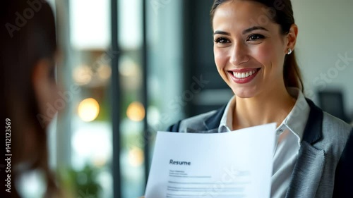 Smiling businesswoman offers resume, looking at camera in bright office, interview success moment concept, recruitment, HR agency, business training brand, concept: application, employment.