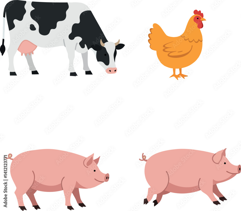Obraz premium Farm animals including black and white cow, orange chicken, and two pink pigs in flat minimal vector illustration