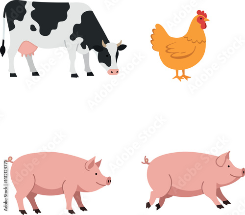 Farm animals including black and white cow, orange chicken, and two pink pigs in flat minimal vector illustration
