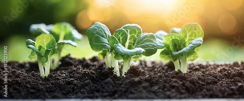 Young seedlings sprouting in rich soil