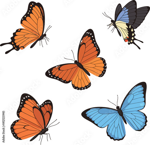 Colorful butterfly group with orange and blue wings flying in flat minimal style vector illustration