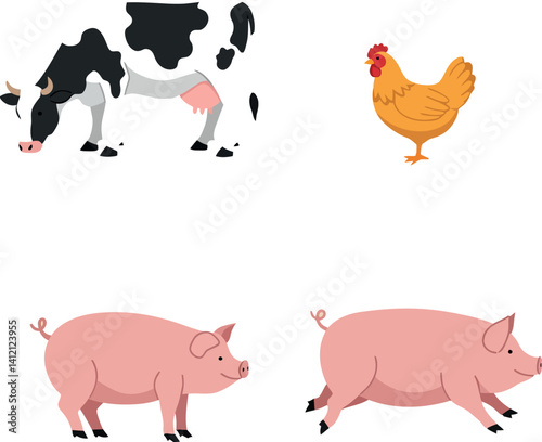 Farm animals including black and white cow, orange chicken, and pink pigs in flat minimal vector illustration