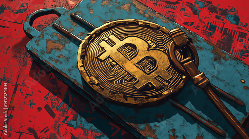 Rusty trap biting Bitcoin symbol – stylized 2D finance-punk illustration with vintage propaganda style