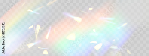 Rainbow blurred refraction overlay effect. Colorful light lens prism on transparent background. Holographic reflection, iridescent crystal flare leak shadow overlay. Vector abstract illustration.