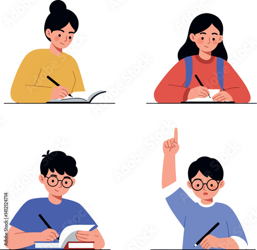 Four diverse students focused on writing and learning in colorful casual clothes flat design vector illustration