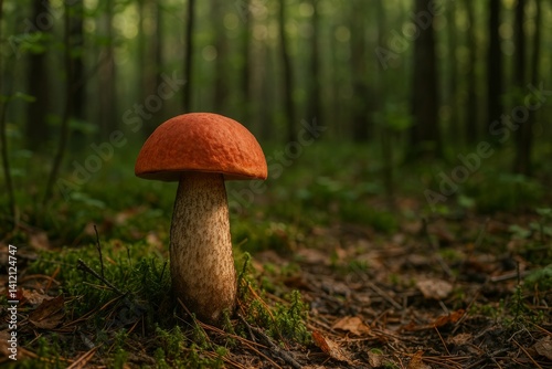Mushroom Growing on Forest Floor Under Soft Morning Light in Serene Woodland