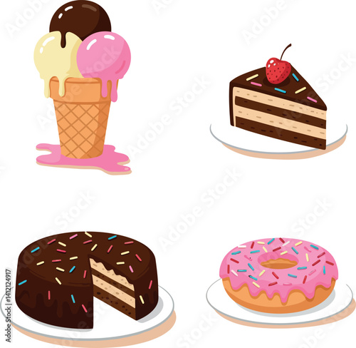 Colorful dessert assortment featuring ice cream cone, chocolate cake slice, whole cake, and pink frosted donut flat vector illustration