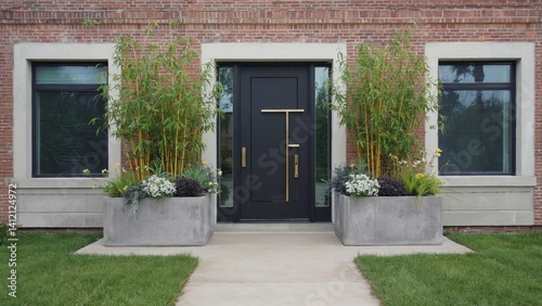 Bamboo lining outside a brick building with a paved path to its entrance.