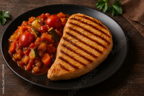 Grilled Chicken Breast Served With Vegetable Medley on a Black Plate