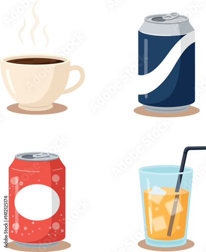 Hot coffee cup and assorted cold beverage cans with iced drink glass flat vector illustration