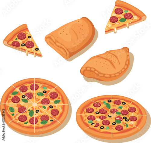 Pepperoni pizza slices and calzone pieces in flat style detailed vector illustration of Italian food items with toppings and crust