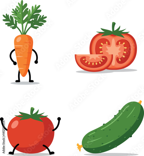 Playful cartoon carrot tomato cucumber vegetables with flat minimal style vector illustration