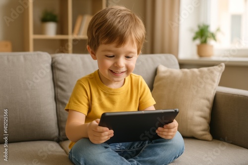 Young Child Enjoys Tablet on Cozy Couch in Bright Living Room During Afternoo...