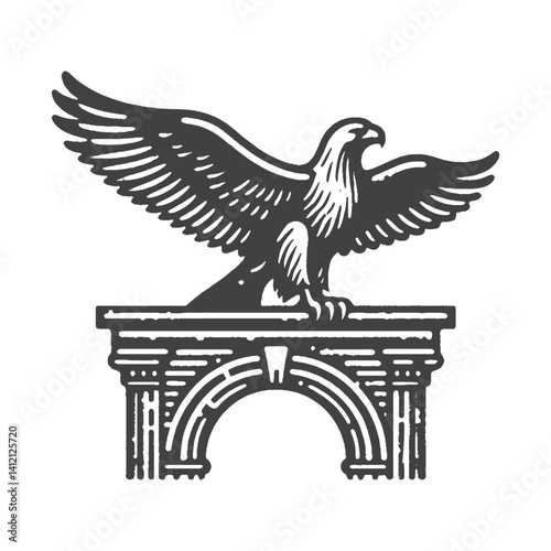 Simple Golden Eagle Perched on Arch Vector Design – Vintage Logo & Retro Illustration