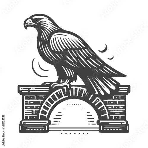 Simple Golden Eagle Perched on Arch Vector Design – Vintage Logo & Retro Illustration