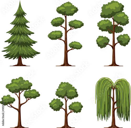 Six different stylized green trees with detailed foliage and brown trunks in flat vector illustration