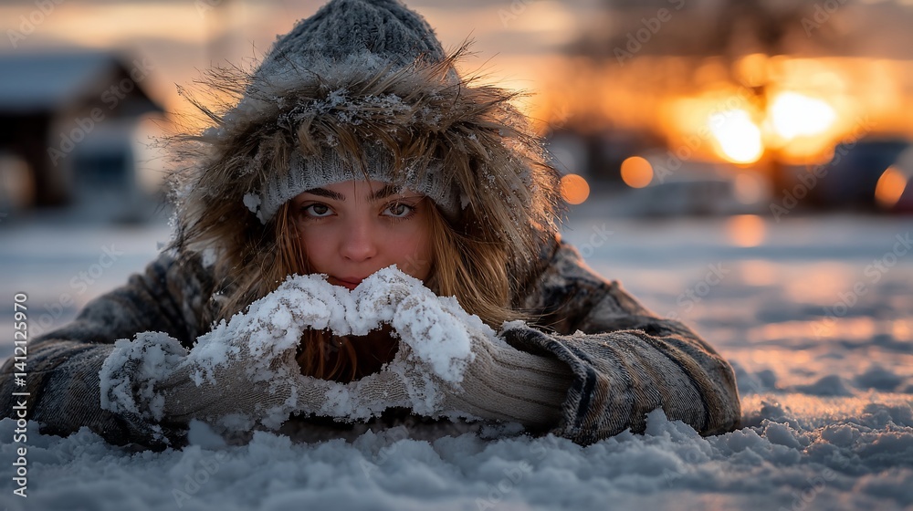 Young woman in snowy landscape forming heart