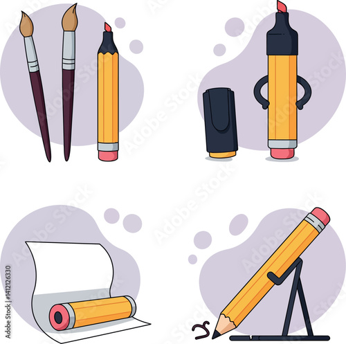 Artistic tools with paintbrushes pencil marker and paper in cartoon flat style vector illustration