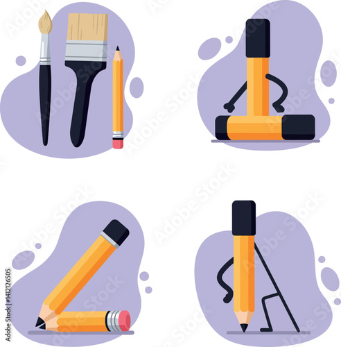 Artistic tools including pencil brush and marker in playful flat design with character poses vector illustration