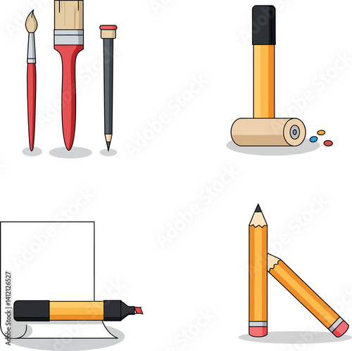 Artistic tools set including paintbrushes pencil croquet mallet and marker in flat style vector illustration