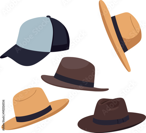 Various casual and formal hats collection in flat style isolated on white background vector illustration