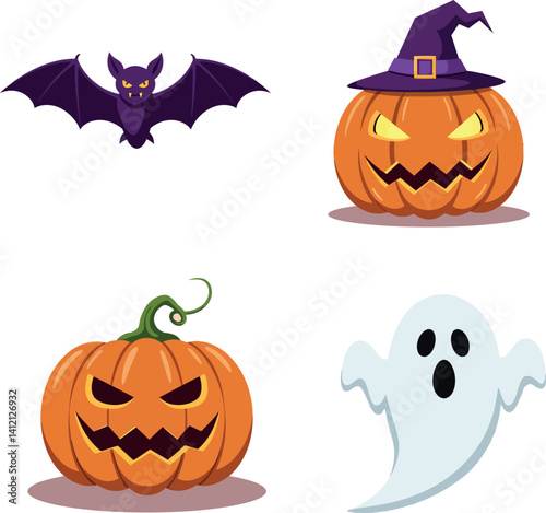 Halloween themed spooky pumpkin faces with witch hat ghost and flying bat flat style vector illustration photo
