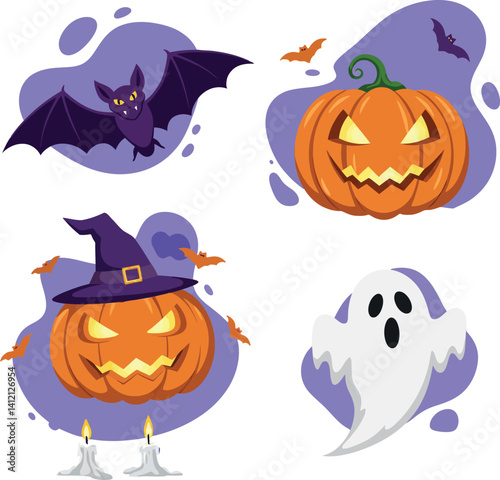 Halloween-themed spooky pumpkin faces with bats flying and ghost figure flat cartoon vector illustration