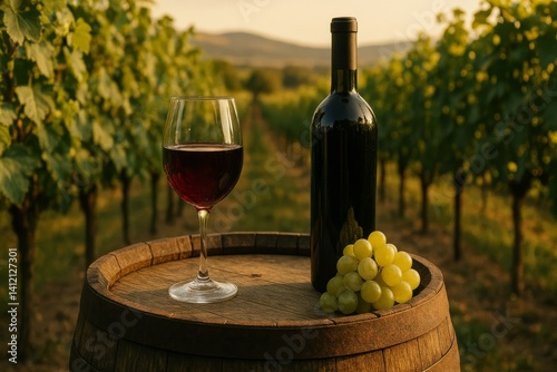 Elegant Wine Presentation in Vineyard at Sunset With Fresh Grapes and Barrel