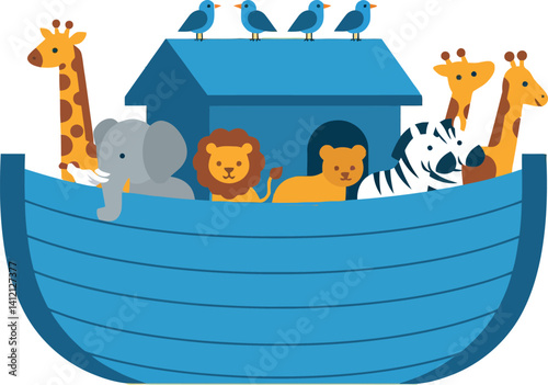 Cute assorted wild animals including giraffes, elephant, lions, zebra on blue wooden ark in flat vector illustration
