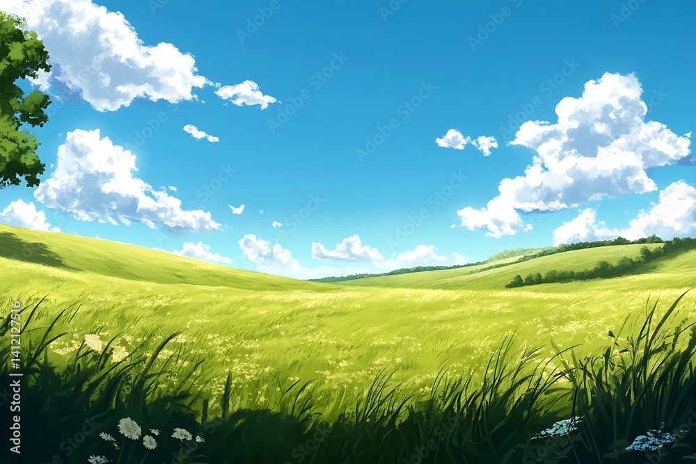 Obraz premium A Wide Open Field Leading to Rolling Golden Hills with Soft Grass.