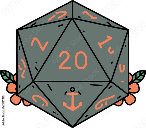 Twenty-sided polyhedral dice with anchor and floral decoration in flat minimal vector illustration