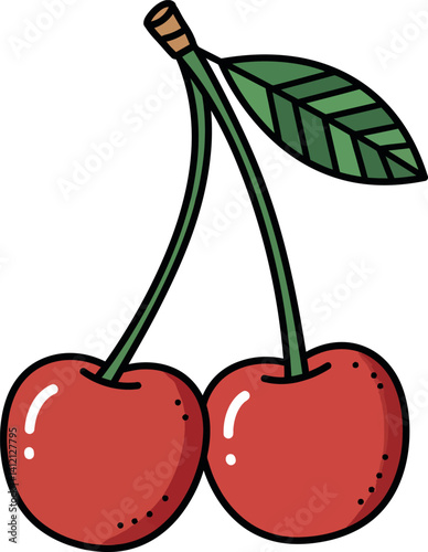 Two ripe red cherries with green leaf and brown stem in simple flat style vector illustration