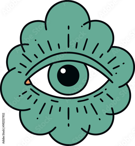 Single green eye surrounded by scalloped floral shape with black outline minimal flat vector illustration