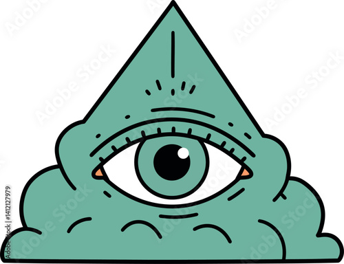 Single green eye inside triangular pyramid with cloud base flat minimal vector illustration