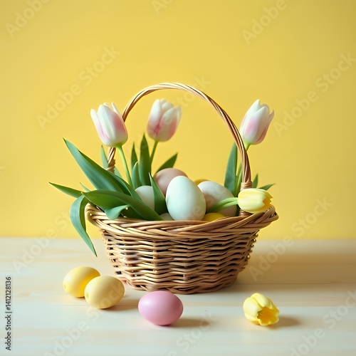 Pastel Easter Eggs with Bright Tulips in a Cheerful Composition Celebrating the Joy of Spring