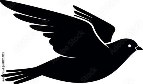 Black bird silhouette with outstretched wings in flight minimal flat vector illustration