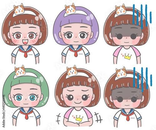 Emoticon icons set of cute girl. emotions, emoji. PNG	