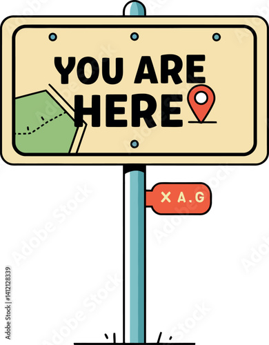 Road sign with you are here message and map pointer flat design vector illustration